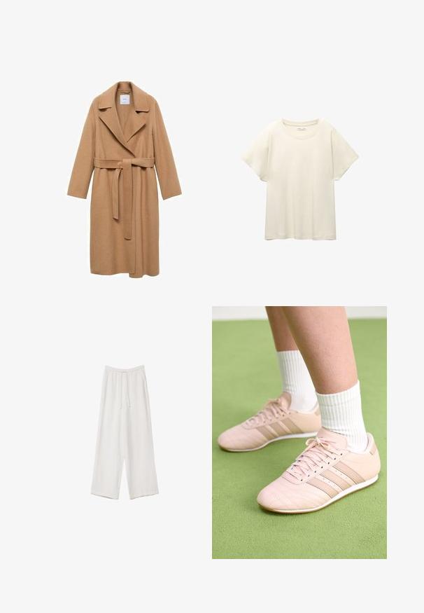 Kamelullblandad kappa med notchkrage, bälte i midjan och långa ärmar. Har en rak skärning och minimalistisk design.; Ljus beige kortärmad t-shirt med rund halsringning, tillverkad av mjuk, slät tyg. Har en avslappnad passform och rak nederkant.; Vita vida byxor i vid passform gjorda av ett lättviktsmaterial. Har en elastisk midja med dragsko och sidofickor. Slät textur.; Ljusrosa sportskor med diagonala sömmar, vita sulor och tre sidostrikar. Bärs tillsammans med ribbade vita strumpor på grön yta.