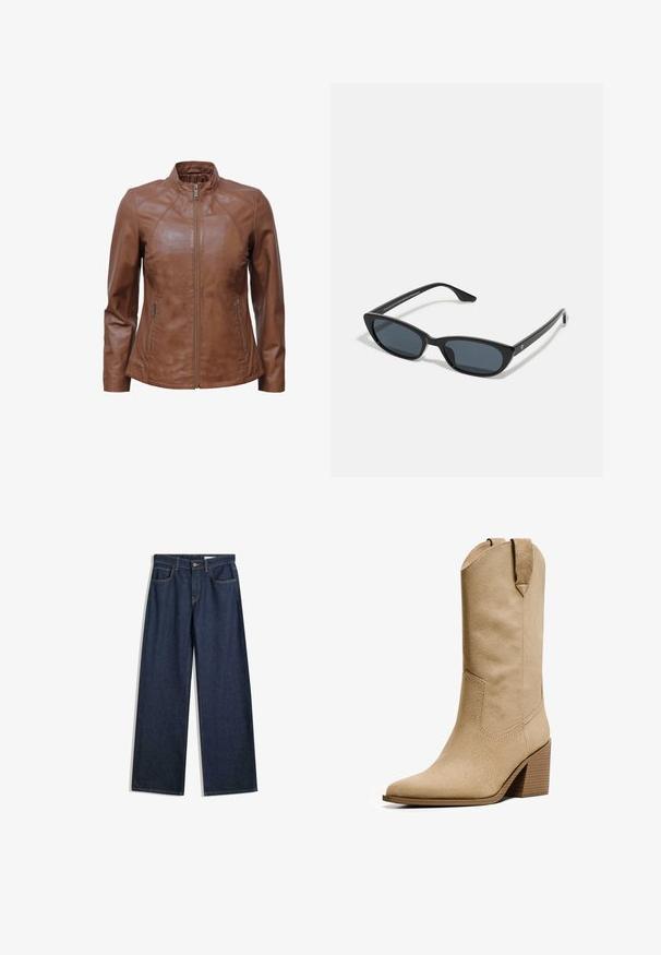 JCC Leren jas - cognac; Lichtgrijze cropped cardigan gemaakt van zacht materiaal, met een ronde hals, lange mouwen en een knoopsluiting met glanzende knopen.; PULL&BEAR Top - white; Brede donkerdenim jeans met vijf zakken, zichtbare stiksels en een knoopsluiting. Beschikt over een recht pasvorm en lichte slijtage.; Bershka HIGH-HEEL - Cowboy-/Bikerlaarzen - beige; Zwarte cat-eye zonnebril met donkere lenzen, kunststof frame, slanke pootjes en subtiele branding op de binnenkant van de poot. Mat afgewerkte textuur.
