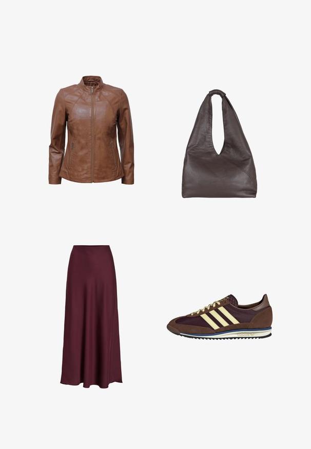 JCC Læderjakker - cognac; Grå sweatshirt med "PARIS" i fed, lyseblå skrift tværs over fronten. Har en rund halsudskæring samt ribbede manchetter og kant.; Bordeaux satin maxiskirt med en glat tekstur, høj talje og en flydende silhuet, der svømmer blidt ud mod nederkanten.; Brune og bordeaux sneakers lavet af ruskind og mesh-materialer, med tre cremefarvede striber, tekstureret stof på tungen, og en gummisål.; Brun lædertaske med en slaskende, overdimensioneret design. Har et løkkegreb og en dyb V-formet åbning for nem adgang. Blød tekstur, minimalistisk stil.