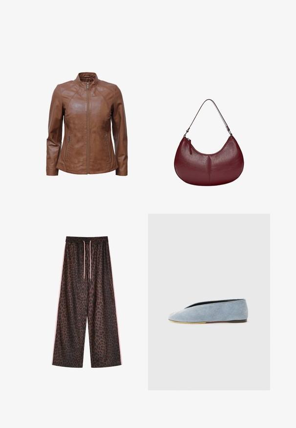 JCC Læderjakker - cognac; Lys blå ærmeløs ribbet tanktop med rund halsudskæring og lille logo broderet i midten. Glat overflade, tætsiddende silhuet.; Leopardmønstrede bukser med vide ben i brune og sorte nuancer, med en elastisk talje og lyserøde snore samt lyserøde striber på siden. Glat stofstruktur.; Jeans slip-on sko i lyseblå med en glat overflade, mandelformet tå og en flad sort sål. Minimalistisk design med lav profil.; Bordeaux læderhåndtaske med en buet form. Har en enkelt skulderrem og en lynlåsåbning på toppen, der fremhæver en glat, tekstureret overflade.; Sølv halskæde med en glat, oval vedhæng, der har et indgraveret smilende ansigt prydet med grønne accenter. Kæden har sammenkoblede led.