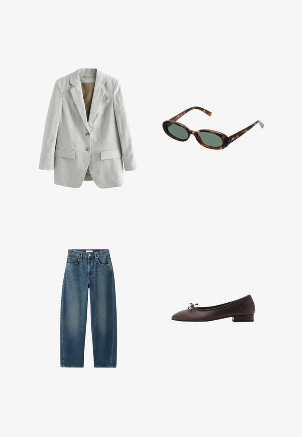 Next Kort kappa / rock - grey; Ärmlös vit klänning med rund halsringning och en asymmetrisk nederkant som hänger ner till en spets på ena sidan.; Mörkblå denimjeans med rak benprofil, femfickorsdesign och klassisk knappstängning. Mjuk textur med subtil blekning.; Bruna läderskor i ballerina-stil med rund tå och liten blockklack. Har en tunn rosett framtill och subtila sömnadsdetaljer.; Sköldpaddsmönstrade solglasögon med ovala bågar och gröna linser. Har tunna skalmar med en metallisk detalj vid gångjärnen.; Vävd gul handväska med ett bågformat handtag och en ostruerad form. Den texturerade ytan har ett korsmönster över hela väskan.