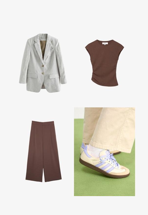 Next Manteau court - grey; Haut court à manches courtes de couleur marron avec un ourlet légèrement arrondi. Texture douce et coupe décontractée, présentant un col rond et des coutures minimales.; Pantalons larges marron avec une texture lisse, dotés d'une taille haute et de plis à l'avant. Le tissu est léger et tombe de manière fluide.; Baskets crème et lavande avec trois bandes et une semelle marron texturée, dotées de lacets et d'un talon rembourré. Tige en tissu doux.