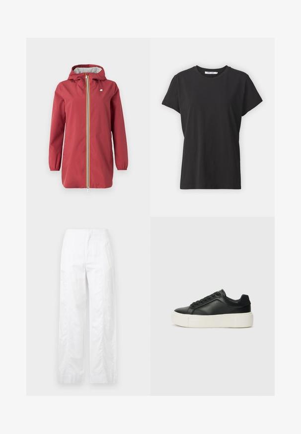 Piros, könnyű dzseki kapucnival, rugalmas mandzsettákkal és teljes előlcipzárral. Szürke bélés és logó található a mellrészen.; Fekete pamut póló klasszikus kerek nyakkal, rövid ujjakkal és laza fazonnal. Simább textúra, látható minták vagy díszítések nélkül.; Fehér, széles szárú nadrág könnyű anyagból, sima textúrával, letisztult vonalakkal és magasderék kialakítással.; Fekete bőr sportcipő lekerekített orral, fehér platformtalppal és fekete fűzőkkel. Diszkrét logó található a sarokon és sima felülete van.