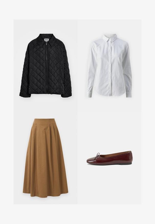 Crni jakna sa vezanjem koja ima oštri ovratnik, zatvaranje sprijeda na patentni zatvarač i bočne džepove. Glatka tekstura s dijamantnim uzorkom preko tkanine.; Bjela košulja na dugih rukava od glatkog pamuka, s klasičnom kragnom i zakrivljenim rubom. Dugmad su mala i bijela.; Smeđa pamučna suknja A kroja s visokim strukom, koja ima nabore sprijeda i glatku teksturu. Završetci donjeg ruba su čisti i jednostavni.; Burgundska lakirana balerinka s zaobljenim vrhom, malim mašnom sprijeda i niskom, crnom gumenom potplatu. Glatka tekstura.