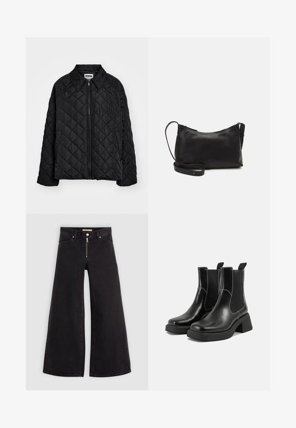 Black quilted jacket featuring a pointed collar, front zipper, and side pockets. Smooth texture with a diamond pattern across the fabric.; Dark navy cropped knit sweater with ribbed texture, short wide sleeves, and a round neckline. Simple design, no visible patterns or accents.; Wide-leg jeans in black denim with a zippered front, five-pocket design, and subtle stitching details. Smooth texture and casual style.; Black leather Chelsea boots with a chunky heel, elastic side panels, and contrasting white stitching. Textured finish.; Black leather shoulder bag with a smooth texture, curved shape, adjustable strap, and a zip closure. Minimalist design without embellishments.
