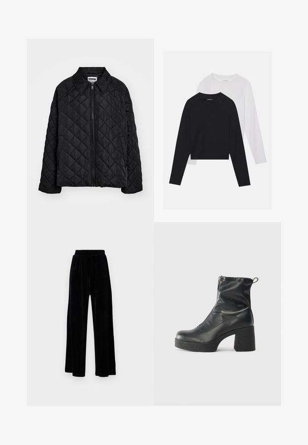 Juodas dek sno d mac besiūlis paltas su taškuotu apykakle, priekiniais užtrauktukais ir šoninėmis kišenėmis. Lygus paviršius su deimanto raštu medžiagoje.; Du dušo ilgomis rankovėmis marškiniai: vieni juodi, kiti balti. Abu marškiniai turi apvalų iškirpimą, raglan tipo rankoves ir minkštą medvilnės mišinio audinį.; Juoda plataus kirpimo kelnių pora, pagaminta iš minkštos velveto medžiagos, su elastingu juosmeniu ir glotnia tekstūra, be matomų detalių ar raštų.; Juodos kulkšninių botai, pagaminti iš lygaus odos, su šoniniu užtrauktuku, masyviu tekstūruotu kulnu ir apvaliu pirštu.