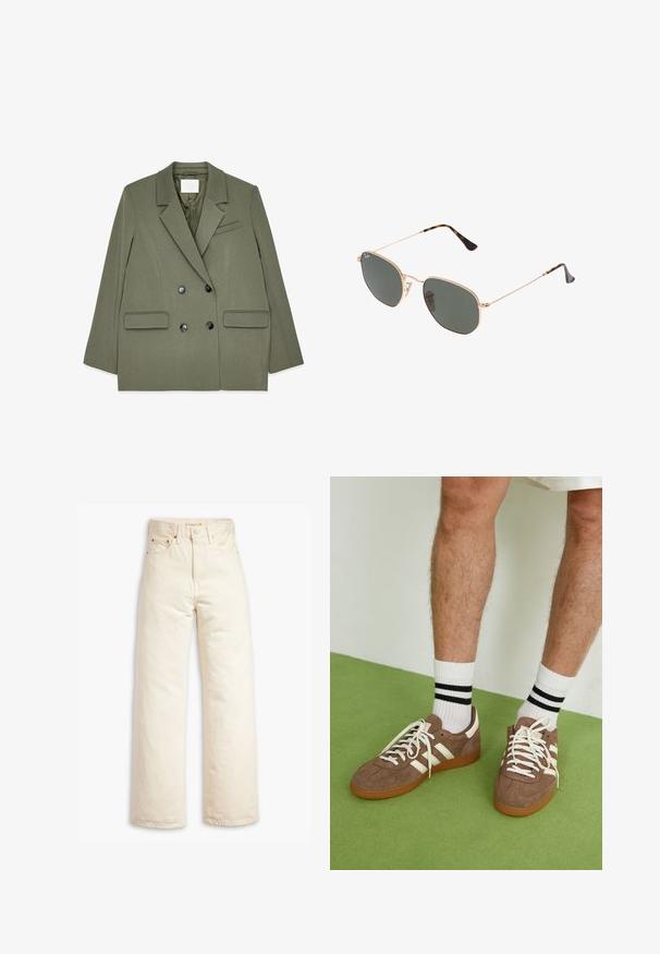 Blazer de doble botonadura en verde oliva, hecho de un tejido texturizado, con solapas de muesca, dos bolsillos frontales y botones redondos negros.; Top blanco de manga larga con escote amplio, aberturas laterales y una tela suave y ligera, que presenta un diseño simple y minimalista.; Vaqueros de pierna ancha color beige hechos de mezclilla de algodón. Incluyen cintura alta, cierre de botón y diseño de cinco bolsillos. Textura suave y duradera.; Zapatillas de ante marrón con acentos y cordones blancos. Suela de goma color caramelo. Usadas con calcetines blancos con rayas negras. Suelo texturizado verde.; Gafas de sol de metal dorado con lentes verde oscuro, estilo aviador, con patillas delgadas y acentos de carey en los extremos.