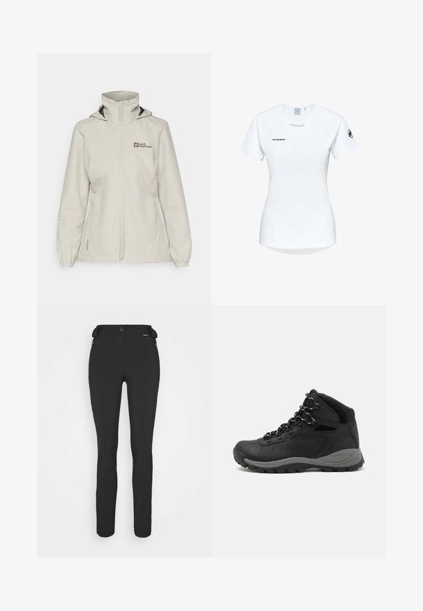 Jack Wolfskin STORMY POINT 2L JACKET - Hardshell jacket - seal; Short-sleeve white athletic shirt with a round neckline, featuring a logo on the chest and a smooth, lightweight fabric texture.; Black, fitted pants made from a flexible material. Features include a zippered side pocket, articulated knees, and a smooth texture.; Black hiking boot with a mid-top design, featuring a textured upper, gray accents, and durable rubber sole with traction lugs.