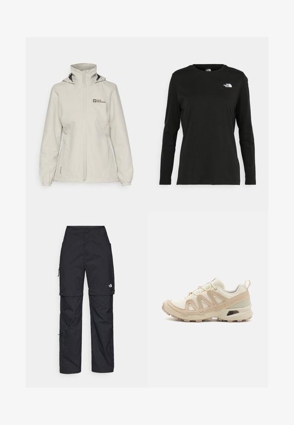 Jack Wolfskin STORMY POINT 2L JACKET - Hardshell-jas - seal; Zwart langsluiting T-shirt van katoen met een ronde hals. Heeft een klein wit logo op de linkerkant van de borst. Eenvoudig ontwerp en pasvorm.; Zwarte nylon cargo broek met afneembare pijpen, verstelbare manchetten, meerdere zakken en een logo op het rechterbeen. Gladde, lichte textuur.; Beige en crème sportschoen met een textuur-mesh bovenwerk, ondersteunende overlays en een rubberen zool met een profielpatroon voor grip.