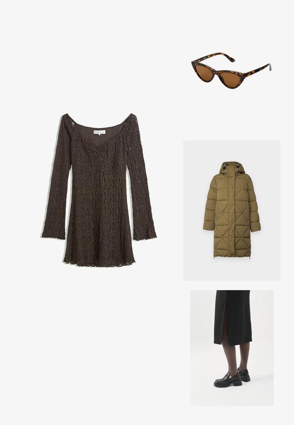 Olive green padded coat with a diamond quilt pattern, hood, snap buttons, and side hem adjustments. Made from a soft, textured material.; Brown lace dress with long sleeves, off-shoulder design, floral pattern, gathered front detail, and scalloped hem.; Black leather shoes with a rounded toe, thick block heel, and elastic side accents, paired with dark tights and a black skirt with a slit.; Cat-eye sunglasses with a black and orange tortoiseshell frame, brown lenses, and sleek, pointed tips. Features a minimal logo on the temple.; Black leather clutch bag with a flap and a gold metal buckle detail. Includes a black strap and a sleek, minimalist design.