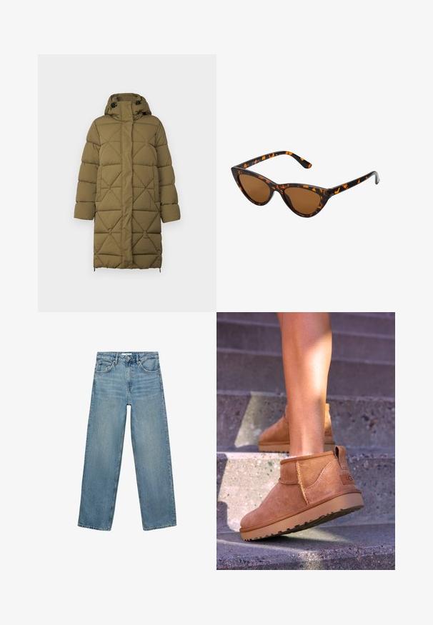 Olivengroene gewatteerde jas met een diamantpatroon, capuchon, drukknoopsluiting en verstelbare zijkanten. Gemaakt van een zachte, textuurrijke stof.; Beige coltrui gemaakt van zacht materiaal, met een geribbelde kraag en boorden, comfortabele pasvorm en lange mouwen. Gladde textuur, minimalistisch ontwerp.; Lichtblauwe spijkerbroek met een rechte pijp, hoge taille, vijf zakken en contrasterende stiksels. Geen versieringen of patronen aanwezig.; Tamme suède enkelboots met een zachte textuur, gestikte details en een rubberen zool, met een lusvormige hak voor gemakkelijk aan- en uittrekken.; Cat-eye zonnebril met een zwart en oranje schildpadframe, bruine lenzen en slanke, puntige uiteinden. Bevat een minimalistisch logo op de poot.