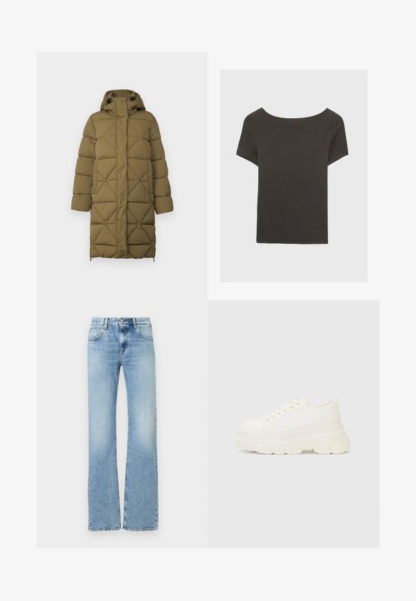 Olivengrüner gepolsterter Mantel mit einem Rautenmuster, Kapuze, Druckknöpfen und seitlichen Saumverstellungen. Hergestellt aus einem weichen, strukturierten Material.; Dunkelgraues Kurzarmoberteil mit Bootsausschnitt. Hergestellt aus geripptem Stoff, mit lockerer Passform und sauberem Saum. Einfaches Design, ohne Muster.; Helleblaue hochtaillierte Jeans mit leichten Verwaschungen, Frontknopf, Reißverschluss, und Fünf-Taschen-Design, gerade geschnitten.; Weiße Leinensneaker mit einer massiven Sohle, abgerundeter Spitze und fünf Ösen für Schnürsenkel. Hinterer Tab für ein einfaches Anziehen. Glatte Textur, minimalistisches Design.