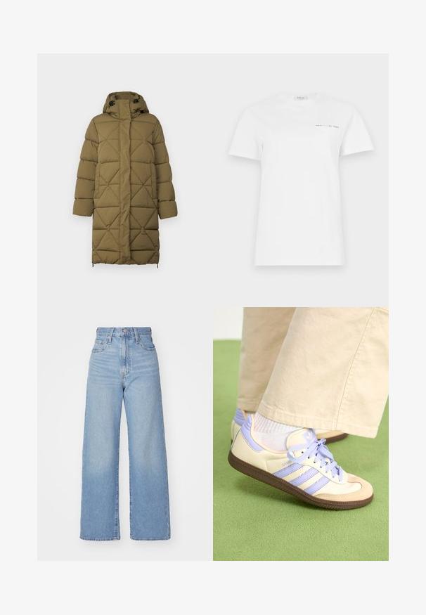 Mantou căptușit de culoare verde măsliniu cu un model în diamante, glugă, nasturi tip capse și ajustări laterale. Fabricat dintr-un material moale, texturat.; Tricou alb din bumbac cu guler rotund, mâneci scurte și un buzunar pe partea stângă a pieptului. Prezintă o mică imprimare neagră cu textul "REPLAY EST 1981."; Jeans cu talie înaltă, de culoare albastru deschis, cu croială largă, dotate cu nasture și fermoar la față, buzunare în față și spate, pe un fundal alb.; Adidași crem și lavandă cu trei dungi și o talpă texturată maro, având șireturi și un călcâi căptușit. Superior din material moale.