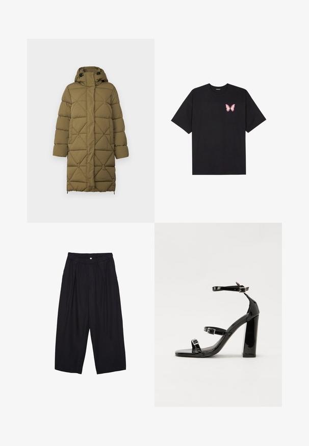 Olivengroene gewatteerde jas met een diamantpatroon, capuchon, drukknoopsluiting en verstelbare zijkanten. Gemaakt van een zachte, textuurrijke stof.; Zwarte katoenen t-shirt met korte mouwen, voorzien van een kleine roze vlinder graphic op de linkerkant van de borst. Crew neck ontwerp met een relaxte fit.; Zwarte polyester culottes met een elastische tailleband, twee voorkreukels en een losse pasvorm. Geen zichtbare patronen of hardware-details.; Zwarte gepatenteerde sandalen met hak en een vierkante neus, enkelbandjes en zilveren gespen. Heeft een stevige blokhak voor stabiliteit.