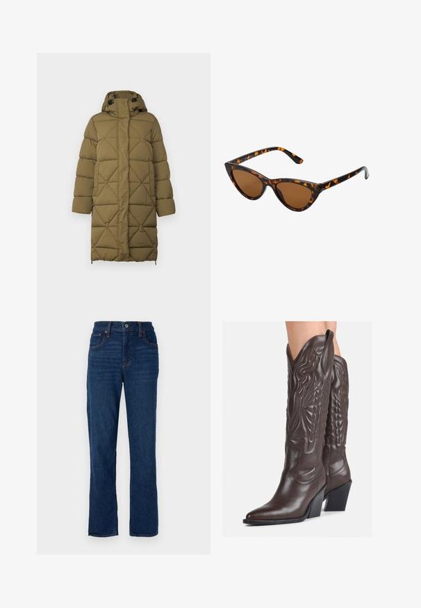 Olīvu zaļš polsterēts mētelis ar dimanta kviltu rakstu, kapuci, spiedpogām un sānu apakšmalu regulēšanu. Izgatavots no maiga, teksturēta materiāla.; Balta bezpiedurkņu topiņš no ribotā auduma, ar noapaļotu kakla izgriezumu un pieguļošu siluetu, ar minimālām šuvēm un bez rotājumiem.; Tumši zili džinsi ar taisnu kāju piegriezumu, piecu kabatu dizainu, oranžiem diegiem un pogu aizdari jostā.; Brūni ādas kovboju zābaki ar norādītu purngalu un blokveida papēdi, ar detalizētu šūšanu un paceltiem akcentiem uz kājas daļas.; Kaķa acs saulesbrilles ar melnu un oranžu bruņurupuču rakstu rāmi, brūnām lēcām un elegantiem, norādītiem galiem. Rāmī ir minimālists logos uz tempļa.