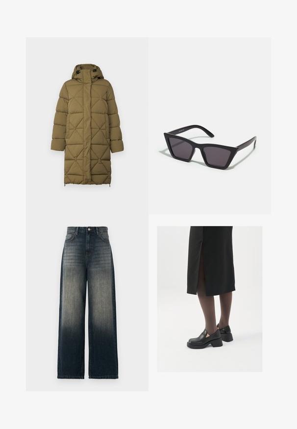 Cappotto imbottito verde oliva con motivo a rombi, cappuccio, bottoni a pressione e regolazioni all'orlo laterale. Realizzato in un morbido materiale texturizzato.; Top lungo aderente a maniche nere con colletto alto e dettagli con zip sul retro, caratterizzato da una silhouette attillata e una texture morbida.; Jeans a gamba larga in denim scuro, con una sfumatura sbiadita che va dal scuro al chiaro, dotati di cinque tasche e dettagli di cucitura a contrasto.; Scarpe in pelle nera con punta arrotondata, tacco spesso a blocco e accenti laterali in elastico, abbinate a collant scuri e una gonna nera con uno spacco.; Occhiali da sole neri e angolari con lenti grigie; realizzati in plastica, con aste spesse dalla superficie liscia e senza hardware visibile.