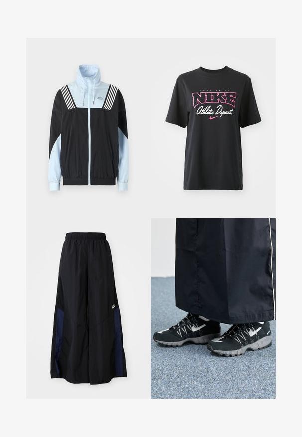 Αντιανεμικό jacket με χρωματική μπλοκ σε μαύρο και ανοιχτό μπλε. Διαθέτει φερμουάρ μπροστά, ψηλό γιακά και τρεις λευκές ρίγες στους ώμους. Μαλακό, ελαφρύ υλικό.; Μαύρο βαμβακερό T-shirt με γραφικό τύπωμα σε ροζ και λευκό που περιλαμβάνει το κείμενο "JUST DO IT," "NIKE," και "Athletic Depart." Κανονική εφαρμογή.; Μαύρο παντελόνι με φαρδιά πόδια, κατασκευασμένο από ελαφρύ ύφασμα, με μπλε ναυτική πλευρική λωρίδα και ελαστική μέση. Μικρό λευκό λογότυπο στο κάτω μέρος.; Μαύρα αθλητικά παπούτσια με υφή στην επιφάνεια, ασημένιες λεπτομέρειες και μοτίβο στην σόλα, σε συνδυασμό με ένα μαύρο μακρύ ρούχο. Σε φόντο μπλε χαλί.