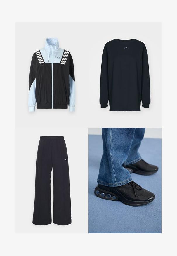Kurtka przeciwdeszczowa w kolorach czarno-niebieskim. Posiada zamek z przodu, wysoki kołnierz oraz trzy białe paski na ramionach. Wykonana z miękkiego, lekkiego materiału.; Czarna, długosleeve'owa koszulka z bawełny z okrągłym dekoltem. Posiada białe logo Nike na piersi. Miękka faktura, prosty design.; Czarne spodnie typu wide-leg z elastycznym pasem i małym białym logo Nike. Materiał ma gładką teksturę, zaprojektowany z myślą o komforcie i codziennym noszeniu.; Czarne sportowe sneakersy z siateczkową cholewką, teksturowanymi akcentami i widocznymi poduszkami powietrznymi w podeszwie. Noszone z niebieskimi dżinsami.
