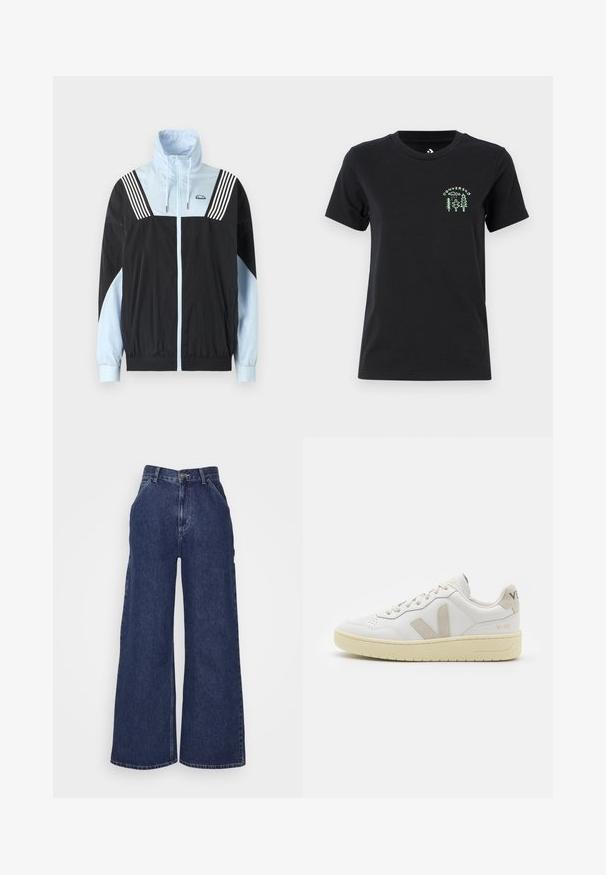 Juostos spalvų vėjapjūklas juodos ir šviesiai mėlynos spalvų. Yra užtrauktukas priekyje, aukšta apykaklė ir trys baltos juostos ant pečių. Minkšta, lengva medžiaga.; Converse FOREST ART TEE - Marškinėliai su spaudiniu - black; Plati šlaunų džinsai tamsiai mėlynos spalvos, su aukštu liemeniu, priekinėmis kišenėmis ir užtrauktuku su metaline mygtuko uždarymo sistema. Sklandus paviršius ir klasikinis dizainas.; Balti odiniai sportbačiai su kreminiais zomšos akcentais, perforuota pirštų dalimi, plokščiomis raišteliais ir struktūruota kreminėmis padomis. Ant kulno yra subtilus ženklinimas.