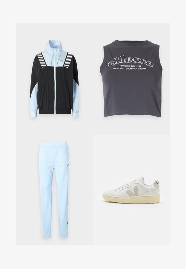 Värviliselt eraldatud tuulejope mustas ja helesinises toonis. Omab lukuga esist, kõrget kaelust ja kolme valget triipu õlgadel. Pehme ja kerge materjal.; Tumesinine lühike tank top, mis on valmistatud pehmest puuvillast, millel on valge trükitud bränditekst ja ümar kaelus ilma varrukateta.; Heledad sinine spordipüksid, millel on sile tekstuur, elastne vöökoht ja peen muster. Omavad logo puusa lähedal ja värvilisi aktsente ääres.; Valge nahast tenniseking, millel on beežist siidist aktsent ja aukudega varvas, lame paelad ja tekstureeritud koorevärvi tallad. Omab nüansirikast brändimist kannal.