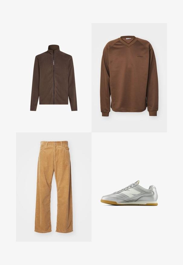 Hnědá fleecová bunda s vysokým límcem a plným předním zipem. Vyznačuje se značkováním Polartec na levém rukávu. Měkká textura a jednoduchý design.; Hnědá mikina s véčkovým výstřihem, dlouhými raglánovými rukávy a žebrovanými manžetami. Obsahuje jemně vyšitý logo na hrudi. Hladká textura.; Bavlněné široké kalhoty z kordu v odstínu tan. Mají texturované, vertikální pruhy, standardní pas a dvě přední kapsy.; Stříbrná sportovní obuv s hladkým, lesklým povrchem, bílým logem na boku, texturovanými šedými tkaničkami a podešví z gumové pryže.