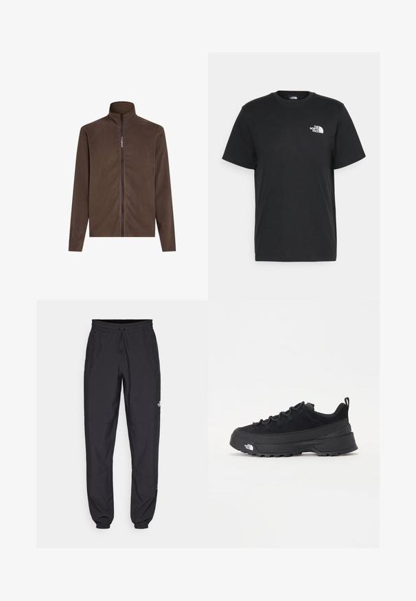 Casaco de polar castanho com gola alta e fecho éclair frontal completo. Apresenta a marca Polartec na manga esquerda. Textura suave e design simples.; T-shirt de algodão preto com mangas curtas, decote redondo e um pequeno logótipo branco no lado esquerdo do peito. Design simples, textura suave e corte relaxado.; Calças atléticas pretas feitas de tecido leve, com um cós ajustável por cordão, bolsos laterais e punhos afunilados nos tornozelos.; Sapatilha de exterior preta com parte superior em camurça, sola de borracha texturizada e sistema de atacadores robusto. Apresenta um calcanhar reforçado e o logótipo da marca na lateral.