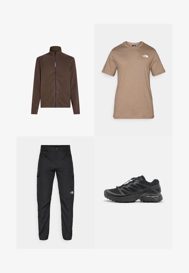 Smeđa flis jakna s visokim ovratnikom i punim prednjim zatvaračem. Sadrži Polartec oznaku na lijevom rukavu. Mekana tekstura i jednostavan dizajn.; Kratki rukavi, svijetlosmeđa pamučna majica s malim bijelim logom na prsima. Klasičan okrugli izrez, glatka tekstura i standardni kroj.; The North Face HORIZON PANT - Hlače za otvoreno - black; Crne trkačke cipele s mrežastim i sintetičkim gornjim dijelom, fleksibilnom potplatom i elastičnim vezicama. Imaju podstavljeni srednji potplat za udobnost.