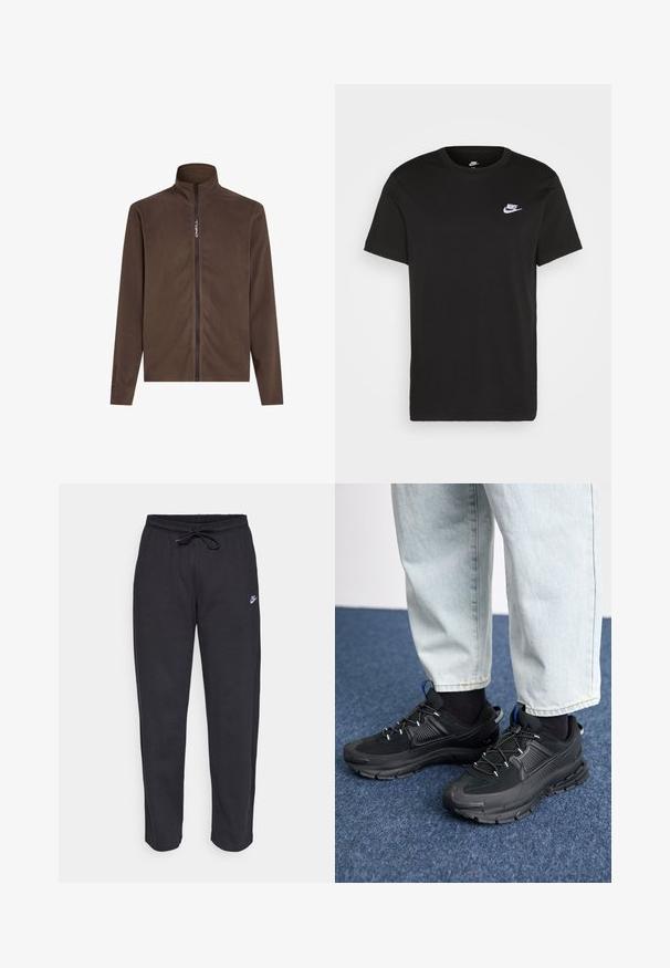 Brun fleecejakke med høj krave og fuld frontlynlås. Har Polartec-mærkning på venstre ærme. Blød tekstur og enkelt design.; Sort bomuld T-shirt med korte ærmer, rund hals og et lille hvidt Nike-logo på den øverste venstre bryst. Glat tekstur. Klassisk pasform.; Sorte sweatpants lavet af blødt stof med elastisk talje, snøre og et lille Nike-logo på venstre lår.; Sorte træningssko med tekstureret stof og gummisåler, udstyret med elastiske snørebånd og en blå detalje på hælen. Bæres med lyse denimbukser.