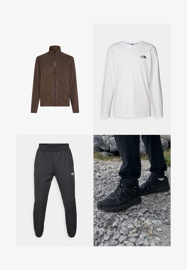 Braune Fleecejacke mit hohem Kragen und durchgehendem Reißverschluss. Verfügt über Polartec-Branding am linken Ärmel. Weiche Textur und einfaches Design.; Weißes langärmliges T-Shirt aus Baumwolle mit Rundhalsausschnitt. Verfügt über ein kleines schwarzes Logo auf der Brust. Glatte Textur, reguläre Passform.; Schwarze Jogginghose mit verstellbarem Bund, schlanker Passform, elastischen Bündchen und einem kleinen weißen Logo am linken Oberschenkel, hergestellt aus glattem Stoff.; Schwarze Outdoor-Schuhe aus Mesh und synthetischem Material, mit einer strukturierten Oberseite, gesichertem Schnürsystem und griffiger Laufsohle, auf felsigem Gelände.