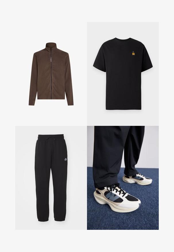 Giacca in pile marrone con colletto alto e zip frontale completa. Presenta il marchio Polartec sulla manica sinistra. Texture morbida e design semplice.; T-shirt nera in cotone con maniche corte, scollo rotondo e un piccolo design ricamato giallo sulla zona sinistra del petto.; Pantaloni sportivi neri realizzati in tessuto morbido, dotati di una vita elasticizzata con coulisse, polsini alla caviglia e un piccolo logo sulla parte superiore della coscia.; Sneakers bianchi e neri con sovrapposizioni testurizzate e un accento blu, caratterizzati da una suola spessa e lacci neri, abbinati a pantaloni neri.