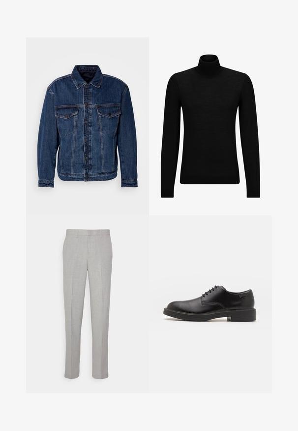 Dark blue denim jacket with a collared neck, two chest pockets, and button closure. Features a slightly unstructured fit and visible stitching.; Black turtleneck sweater made of soft material, featuring long sleeves and a snug fit. Ribbed trim at the hem and cuffs. Simple design.; Light gray trousers with a smooth texture, flat front, and straight legs. Made of breathable fabric, featuring internal pockets and belt loops.; Black leather lace-up shoe with a rounded toe, smooth texture, minimal stitching, and a low rubber heel. Logo on the heel.