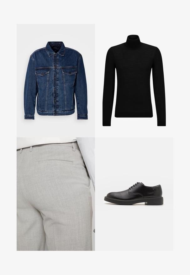Tamno plavi traper jakna s ovratnikom, dva džepa na prsima i zatvaranjem na dugmad. Ima blago nestrukturirani kroj i vidljivo šivanje.; Crni dukserica s visokim ovratnikom, napravljena od mekanog materijala, s dugim rukavima i priljubljenim krojem. Rebrasti detalji na donjem rubu i rukavima. Jednostavan dizajn.; Svijetlosive krojene hlače od teksturiranog materijala, s jednim stražnjim džepom i čistim šavovima.; Crne kožne cipele s vezanjem i zaobljenim vrhom, glatke teksture, minimalnim šavovima i niskim gumiranim potplatom. Logo se nalazi na peti.