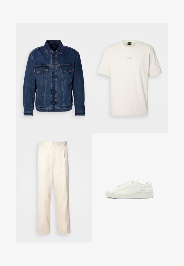 Tummansininen farkkutakki, jossa on kauluskäänteet, kaksi rintataskua ja nappisuljenta. Tässä on hieman rakenteeton istuvuus ja näkyvä ompelu.; BOSS TEE - T-paita - open white; Vaaleanbeige puuvillahousut, joissa on suora lahje, varustettu nappisulkeisella ja etupuolella olevilla laskoksilla lisäyksinä.; Valkoinen nahkakenkä, jossa on teksturoitu yläosa, pyöreä kärki, minimalistinen muotoilu ja kumipohja, jossa on ommeltu yksityiskohta.