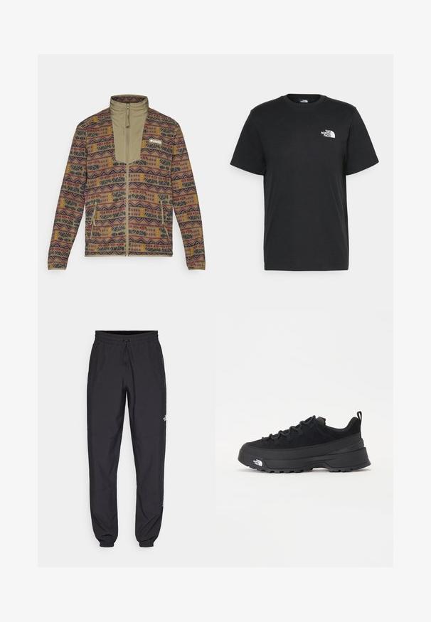 Fliisi jakk täieliku tõmblukuga, maatoone sisaldava mustriga, geomeetriliste kujunditega, varustatud tõmblukuga küljetaskute ja kõrge kraega.; Musthave musta puuvillane T-särk lühikeste varrukatega, ümmargune kaelus ja väike valge logo vasakul rinnal. Lihtne disain, sile tekstuur ja mugav lõige.; Mustavad sportlikud püksid, mis on valmistatud kergest kangast, joonlauaga taljest, küljetaskudega ja kitsenevate varrukatega pahkluude juures.; Must musta jalats, millel on sametised ülemused, tekstuuriga kummist põhi ja vastupidav sidumise süsteem. Omab tugevdust kannaosas ja brändi logo küljes.