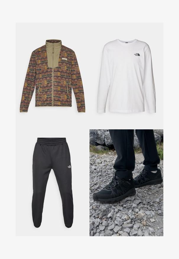 Fleece jacket with full zipper, patterned in earth tones with geometric shapes, featuring zipped side pockets and a high collar.; White long-sleeve T-shirt made of cotton with a crew neck. Features a small black logo on the chest. Smooth texture, regular fit.; Black sweatpants with a drawstring waist, tapered fit, elastic cuffs, and a small white logo on the left thigh, made from smooth fabric.; Black outdoor shoes with mesh and synthetic material, featuring a textured upper, secured lacing system, and a rugged outsole, on rocky terrain.