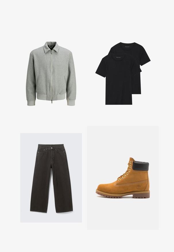 Light gray wool bomber jacket with front zipper, two side pockets, ribbed cuffs, and waistband, displayed on a white background.; Two black cotton t-shirts with short sleeves, round necklines, and a smooth texture, displayed stacked together.; Wide-leg black denim jeans feature a high waist, five-pocket design, and a button-fly closure. The fabric has a soft, textured finish.; Tan suede ankle boot with black padded collar, gold metal eyelets, white stitching detailing, and rugged rubber sole with pronounced treads.