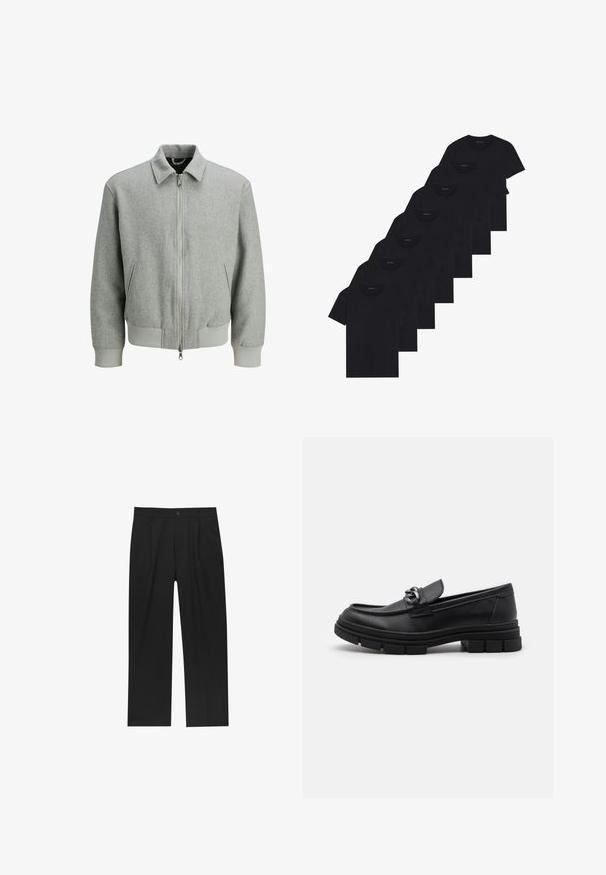 Veste bomber en laine gris clair avec fermeture éclair à l'avant, deux poches latérales, et finitions côtelées aux poignets et à la taille, présentée sur un fond blanc.; Ensemble de huit t-shirts noirs en coton à manches courtes et col rond, avec un design uni et une texture douce.; Pantalons noirs au design droit, fabriqués à partir d'un tissu lisse. Dotés de plis sur le devant et d'une fermeture à un bouton à la taille.; Mocassin en cuir noir avec un bout arrondi, une lanière décorative et des éléments en métal, et une semelle texturée épaisse. Finition lisse avec des détails subtils.