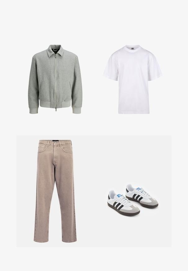 Jachetă bomber din lână gri deschis, cu fermoar frontal, două buzunare laterale, manșete și talie ribbate, expusă pe un fundal alb.; Tricou alb din bumbac, cu guler rotund, mâneci scurte și croială lejeră. Dispune de un design simplu, fără modele sau accente.; Redefined Rebel HAMILTON LOOSE FIT - Blugi loose fit - vintage khaki; Încălțăminte sport cu un superior din piele albă, vârf din suede gri și trei dungi negre. Prezintă un logo albastru pe limbă și o talpă din cauciuc texturat.