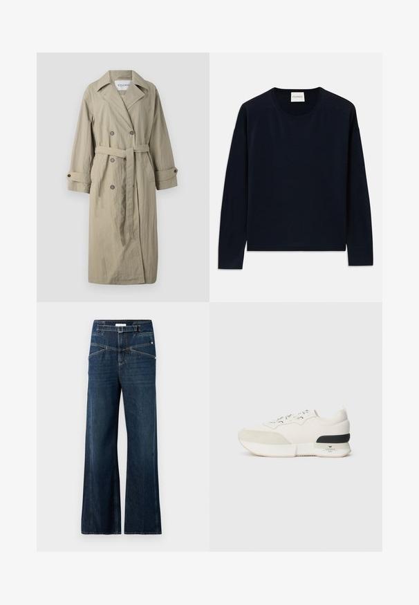 Cappotto trench beige doppiopetto con cintura, polsini con bottone e un tessuto leggermente strutturato. Presenta un colletto a punte e due tasche frontali.; Maglietta a maniche lunghe navy con scollo rotondo in tessuto morbido e liscio, dal taglio rilassato. Presenta polsini e orlo a costine, etichetta sul collo.; Jeans a gamba larga realizzati in denim blu scuro, con vita alta, due tasche frontali e dettagli di cucitura in contrasto.; Sneaker bianca con una punta in suede testurizzato, parte superiore in mesh liscia, lacci decorativi e un accento sul tallone in gomma nera.