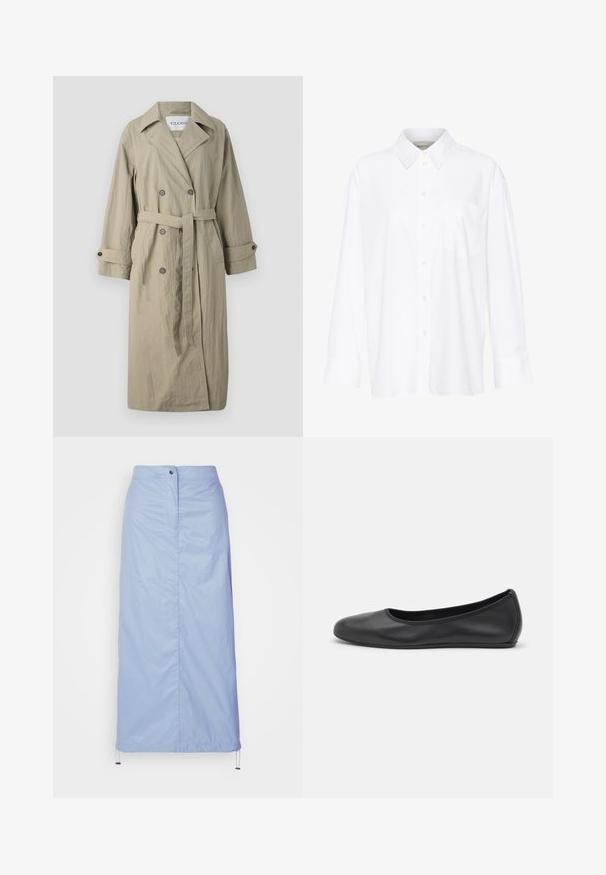 Palton bej dublu cu nasturi, cu curea, mansete cu nasturi și un material ușor texturat. Prezintă un guler tip notch și două buzunare frontale.; Cămașă albă cu mânecă lungă și guler, fabricată din bumbac. Are un închidere cu băta pe față și un singur buzunar pe piept. Textură netedă, croială lejeră.; Fustă bleu deschis, de lungime medie, confecționată dintr-un material fin și ușor, cu o croială dreaptă, având o închidere frontală cu nasturi și tiv cu șnur.; Balerini din piele neagră, cu vârf rotund, textură netedă, detalii de cusătură minimale și un design al tălpii flexibil.