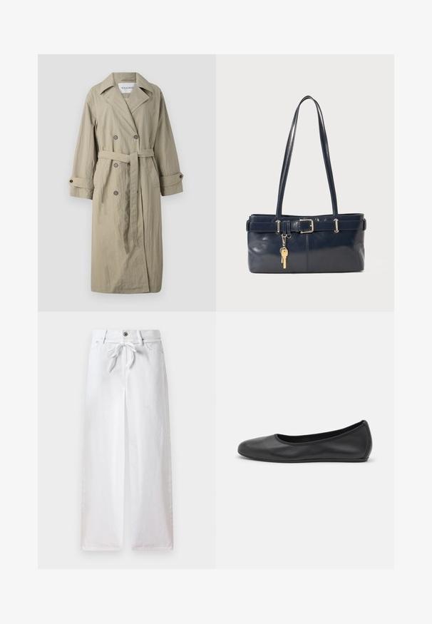 Beige dvouřadový trenčkot s opaskem, knoflíkovými manžetami a mírně texturovanou tkaninou. Má klopový límec a dvě přední kapsy.; Béžový pletený top na tenkých ramínkách s obláčkovým výstřihem. Na přední straně je vyšité logo. Hladká textura, přiléhavý střih.; Bílé široké kalhoty vyrobené z bavlny. Mají stahovací pásek v pase a zapínání na knoflík. Hladký povrch s minimalistickým designem.; Černé kožené baletní byty s kulatou špičkou, hladkou texturou, minimálními švy a flexibilním designem podrážky.; Námořnická kožená kabelka s dvěma dlouhými uchy, detaily s přezkou a připevněným klíčenkou. Vyznačuje se hladkým povrchem a obdélníkovým tvarem.