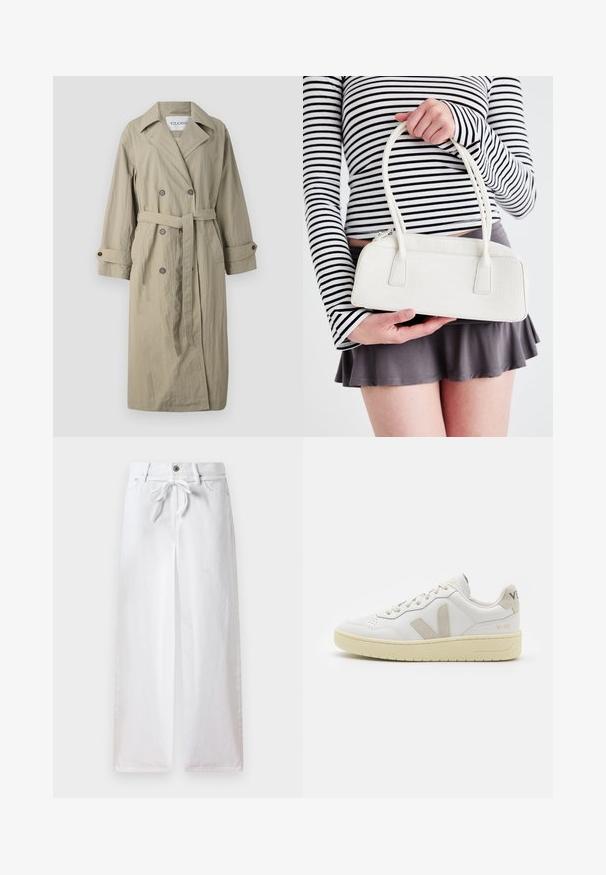 Beige, kétsoros trench coat, övvel, gombos mandzsettákkal és enyhén textúrált anyaggal. A kabáton nemcsak a bemetszett gallér, hanem két elülső zseb is található.; Beige csíkos ujjatlan felső vékony pántokkal és kerek dekoltázzsal. Elöl varrott logóval rendelkezik. Sima textúra, testhez simuló dizájn.; Fehér, bő szárú pamutnadrág. Derékban zsinóros megkötővel és gombos zárással rendelkezik. Simaságával és minimalista dizájnjával tűnik ki.; Fehér bőr sneaker bézs velúr részletekkel, perforált orr résszel, lapos fűzőkkel és textúrált krémszínű talppal. Finom márkajelzés található a sarkán.; Fehér krokodilbőr mintázatú kézitáska, két fogantyúval, téglalap alakú, cipzáras záródással. Világos háttér előtt bemutatva.