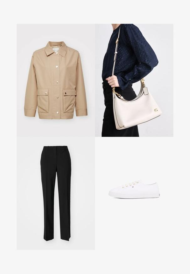 Beige jakke lavet af bomuldsdug, med krave, frontknapper og to forlommer med tryklåse. Glat tekstur, afslappet design.; Hvid skjorte med knapper, spids krave, lange ærmer og et lille blåt logo på venstre bryst. Fremstillet af bomuldsstof.; Sorte skræddersyede bukser med lige ben-design, der har en glat tekstur og skarpe folder langs fronten. Ingen synlige hardware.; Hvid kanvas sneaker med guld øjer, flade snørebånd, tekstureret gummisål og minimal branding på siden. Lavprofil design.; En beige lædertaske med mørk kant, en buet silhuet, guldhardware og en aftagelig rem, holdt ved siden af en mørk påklædning.