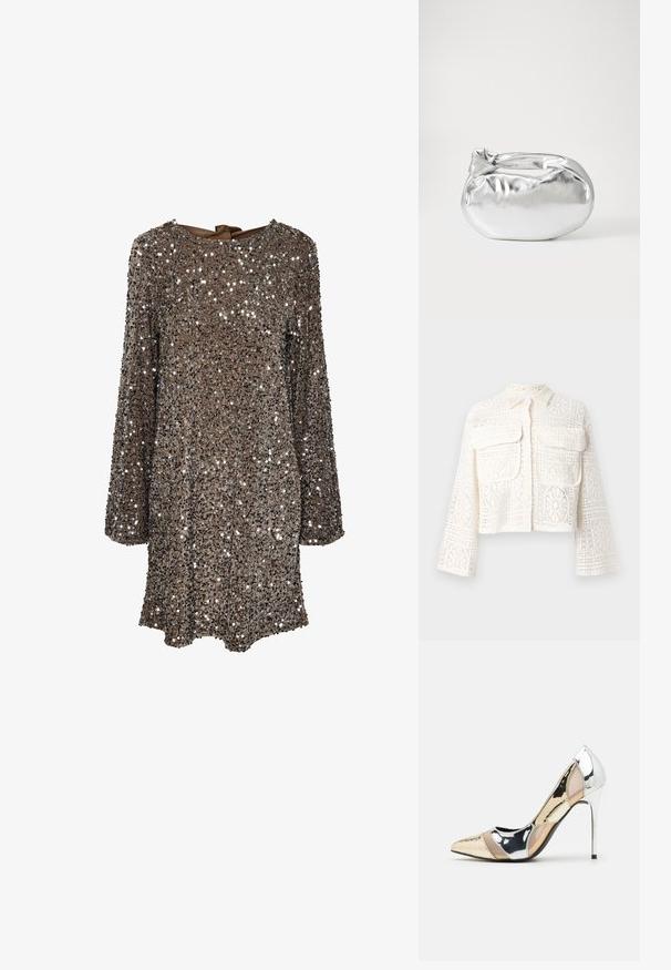 Ingekorte witte kanten jacket met een kraag, lange mouwen en twee voorkruiszakken. Kenmerkt zich door ingewikkelde bloem- en geometrische patronen door het geheel.; Langarm jurk van bruin stof bedekt met zilveren pailletten, met een ronde halslijn en een strikdetail op de rug. Reflecterend en gestructureerd oppervlak.; Puntige hoge hak schoenen met een zilver, goud en nude kleurenschema. Glanzende afwerking met uitsnijdingen en een stiletto hak.; Zilveren metalen pouch bag met een zachte, afgeronde vorm en een geknoopte sluiting aan de bovenkant. Gemaakt van soepel faux leren materiaal.