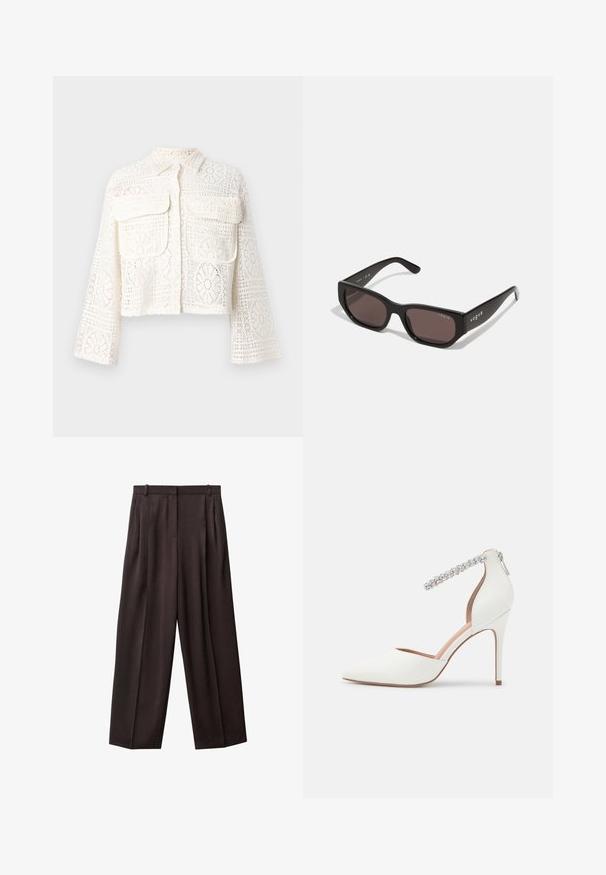 Jachetă scurtă din dantelă albă, cu guler, mâneci lungi și două buzunare frontale. Prezintă modele florale și geometrice intricate pe întreaga suprafață.; Tricou alb cu mânecă scurtă, fabricat din bumbac, cu guler rotund, tiv drept și o textură moale și netedă. Fără modele sau grafice.; Pantaloni largi din stofă de culoare maro închis. Caracteristicile includ pliuri în față, un tiv cu bucle pentru curea și buzunare laterale. Textură netedă.; Pantof alb cu toc înalt, design cu vârf ascuțit, material din piele, curea la gleznă ajustabilă decorată cu cristale strass și toc subțire stilettos.; Ochelari de soare negri, dreptunghiulari, cu lentile întunecate. Au un cadru din plastic neted și detalii cu logo pe tijă. Design curat, modern.; Clutch Michael Kors din canva acoperit bej, cu un model repetitiv al logo-ului MK, accesorii din aur și o curea cu lanț detașabil.