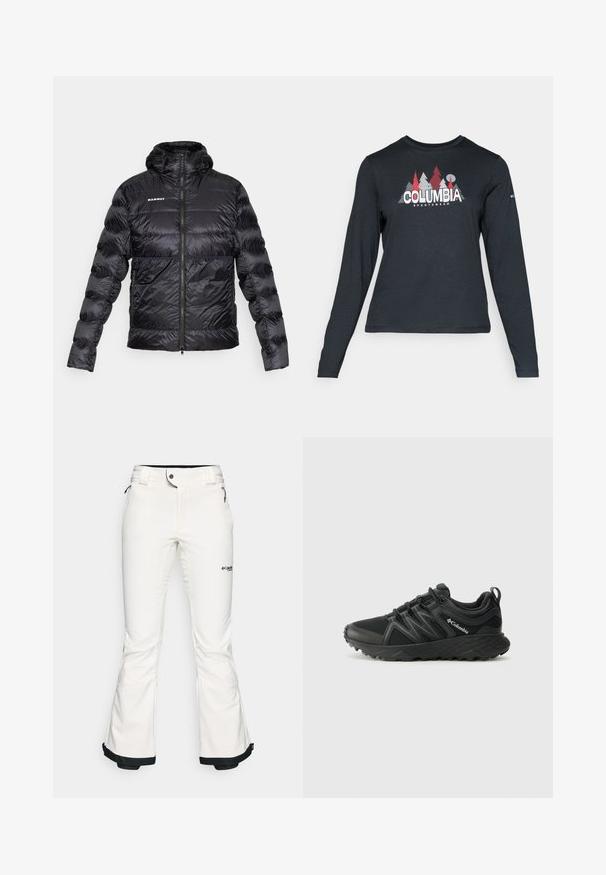 Črna puhovka z zadrgo na sprednji strani, kapuco in elastičnimi manšetami. Ima logo Mammut na prsih in teksturirano, sijočo površino.; Majica z dolgimi rokavi temno siva z grafiko rdečih dreves in gora; logotip "COLUMBIA" v krepki beli barvi. Mehka tkanina, standarden krojen ovratnik.; Bele smučarske hlače iz mehkega, fleksibilnega materiala. Imajo prilegajoč pas, široke razširjene noge in črno obrobo na koncih. Vidno je blagovno znamenje.; Columbia PEAKFREAK - Pohodniški čevlji - black