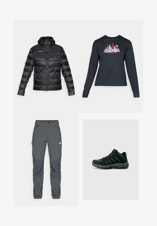 Crna puf jakna s patentnim zatvaračem sprijeda, kapuljačom i elastičnim manžetama. Ima Mammut logo na prsima i teksturiranu, sjajnu završnu obradu.; Majica dugih rukava tamnosive boje s grafikom crvenih drveća i planina; logo "COLUMBIA" u podebljanom bijelom tekstu. Mekana tkanina, standardni okrugli izrez.; Tamno sivi vanjski hlače s ojačanim koljenima, patentnim zatvaračem na bočnim i prednjim džepovima, kopčom na dugme i logotipom The North Face na bedru.; Columbia REDMOND - Obuća za pješačenje - black/citron haze