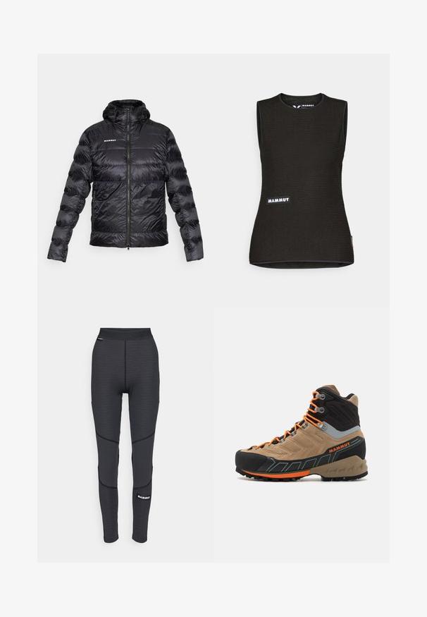 Black puffer jacket with a zip front, hood, and elastic cuffs. Features a Mammut logo on the chest and a textured, shiny finish.; Black sleeveless shirt with a textured pattern, featuring a round neckline and a "MAMMUT" logo on the front. Made of breathable material.; Black athletic leggings with textured panels and reinforced stitching, featuring a branded logo and a wide, elastic waistband.; Beige and black high-top hiking boot with orange laces, rubber toe cap, textured upper, and rugged sole. Features reinforced ankle support.