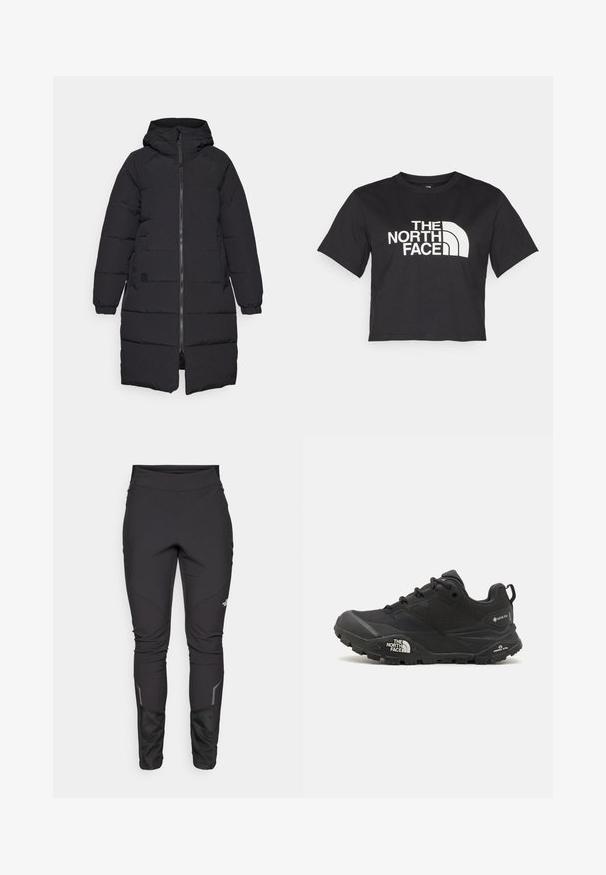 Zwarte pufferjas met capuchon, rits aan de voorkant, lange mouwen en een gequilt ontwerp. Afgewerkt met elastische manchetten en een logo patch aan de zijkant.; Zwarte cropped t-shirt gemaakt van katoen, met een wit logo met gebogen accenten en de tekst "THE NORTH FACE" op de voorkant. Korte mouwen, ronde hals.; Zwarte outdoorbroek met een aansluitend ontwerp, duurzame stof, reflecterende accenten en paneelnaden voor verbeterde mobiliteit en comfort.; Zwarte wandelschoen met een gestructureerde bovenkant, vetersluiting en een stevige rubberen zool met een opvallend logo aan de zijkant en profielpatronen.