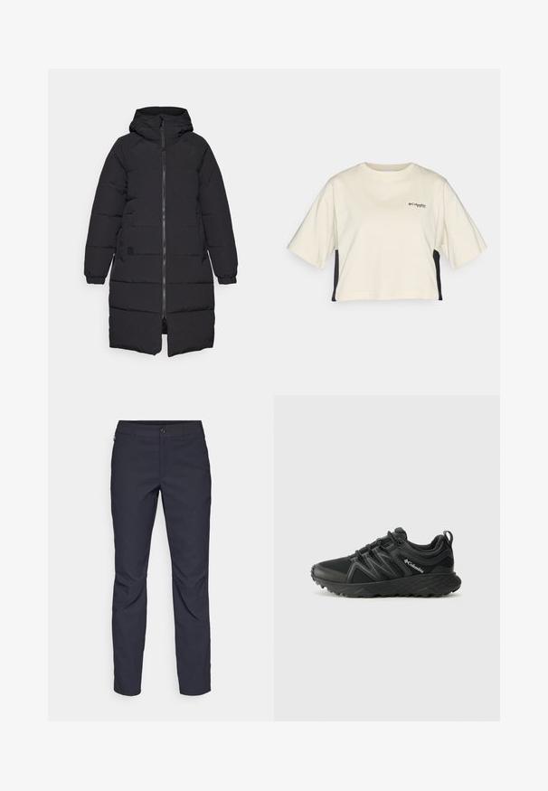 Svart pufferjakke med hette, frontlås, lange ermer og quiltet design. Avsluttet med elastiske mansjetter og et logopatch på siden.; Cremerfarget, kort t-skjorte med rund hals, kortermet og svarte sidepaneler; har en liten svart logo på brystet.; Marineblå bukser laget av glatt stoff, med frontknappelukking, slim-fit design og pressede detaljer ved knærne.; Columbia PEAKFREAK - Fjellsko - black